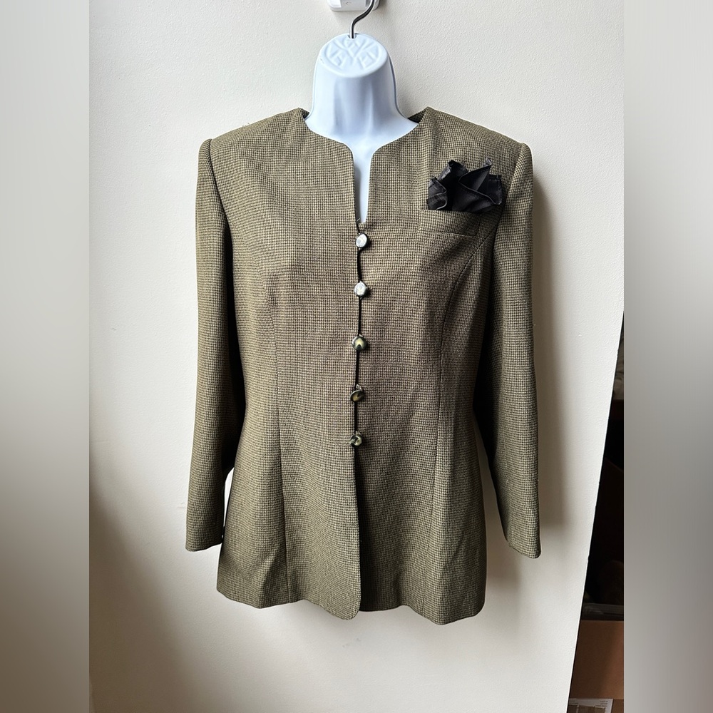 VTG Women’s Olive Houndstooth Structured Collarless Tailored Blazer 90s Jacket